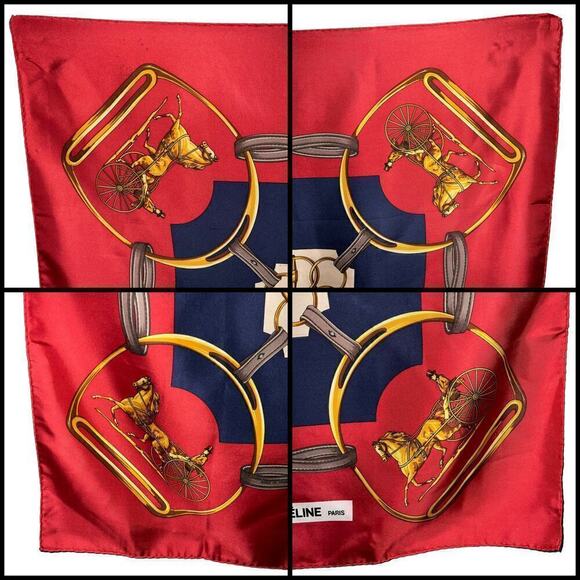 CELINE Paris 100% Silk Scarf Equestrian Motif Vintage Red Gold - Picture 5 of 16